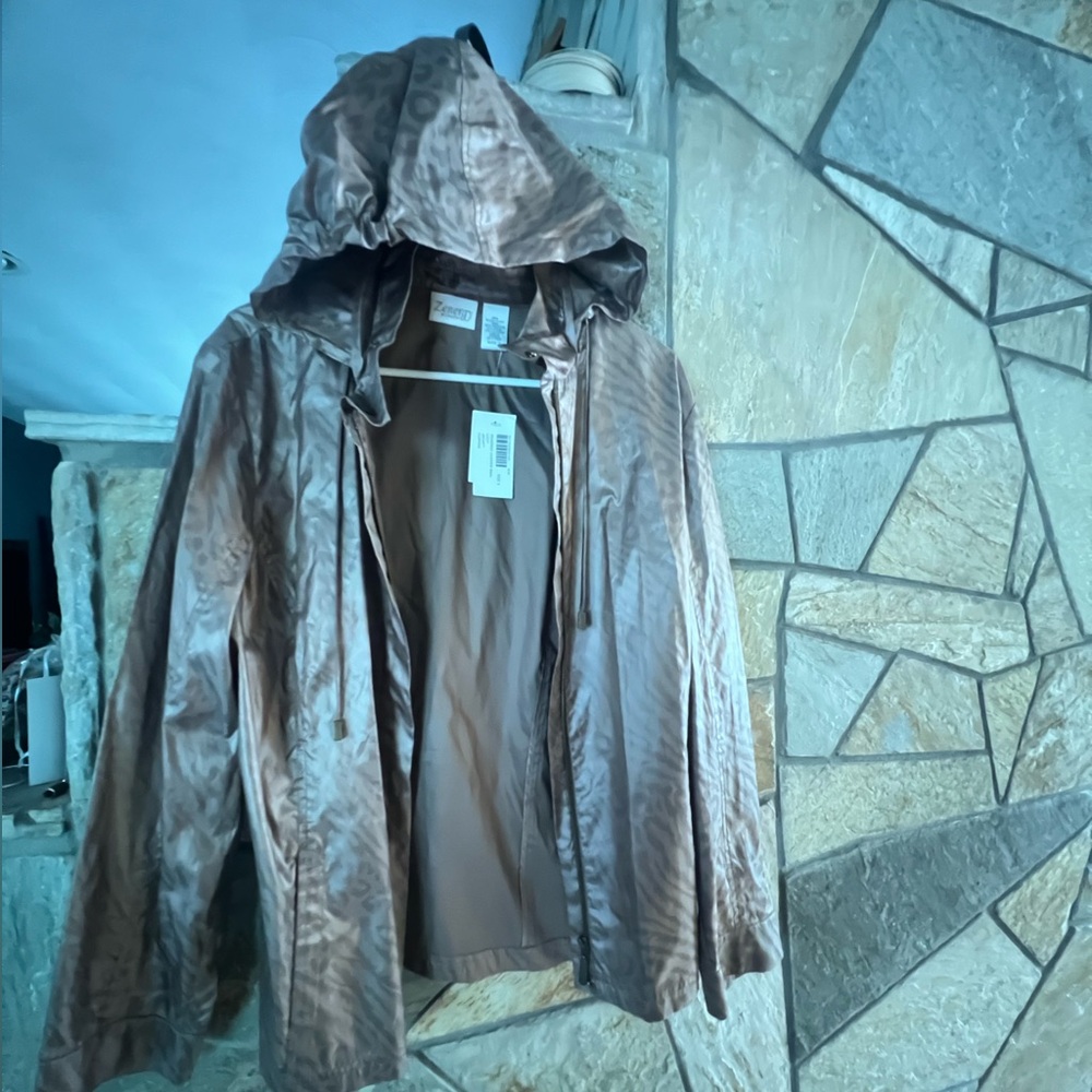 Chico's animal print  Hooded rain Jacket size 3